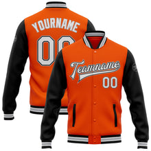Laden Sie das Bild in den Galerie-Viewer, Custom Orange White Black-Gray Bomber Full-Snap Varsity Letterman Two Tone Jacket
