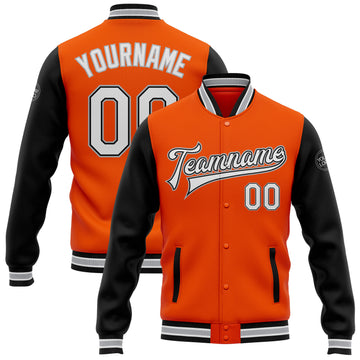 Custom Orange White Black-Gray Bomber Full-Snap Varsity Letterman Two Tone Jacket