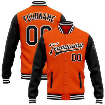 Custom Orange Black-White Bomber Full-Snap Varsity Letterman Two Tone Jacket
