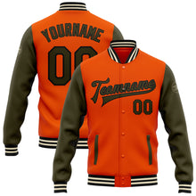 Laden Sie das Bild in den Galerie-Viewer, Custom Orange Olive Black-Cream Bomber Full-Snap Varsity Letterman Two Tone Jacket
