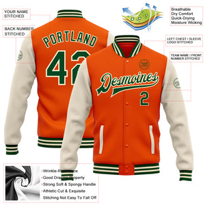 Custom Orange Green-Cream Bomber Full-Snap Varsity Letterman Two Tone Jacket