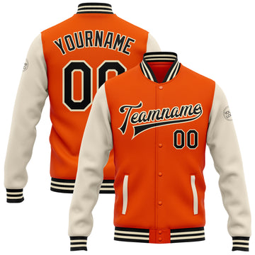 Custom Orange Black-Cream Bomber Full-Snap Varsity Letterman Two Tone Jacket