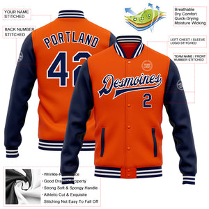 Custom Orange Navy-White Bomber Full-Snap Varsity Letterman Two Tone Jacket