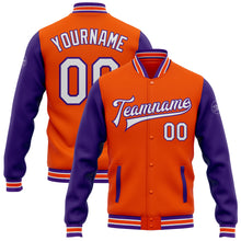 Laden Sie das Bild in den Galerie-Viewer, Custom Orange White-Purple Bomber Full-Snap Varsity Letterman Two Tone Jacket
