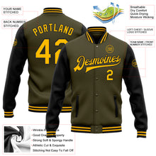 Load image into Gallery viewer, Custom Olive Gold-Black Bomber Full-Snap Varsity Letterman Two Tone Salute To Service Jacket
