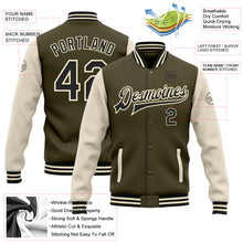 Laden Sie das Bild in den Galerie-Viewer, Custom Olive Black-Cream Bomber Full-Snap Varsity Letterman Two Tone Salute To Service Jacket
