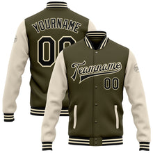 Load image into Gallery viewer, Custom Olive Black-Cream Bomber Full-Snap Varsity Letterman Two Tone Salute To Service Jacket
