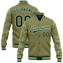 Laden Sie das Bild in den Galerie-Viewer, Custom Olive Green-Cream Camo Sleeves 3D Pattern Design Bomber Full-Snap Varsity Letterman Salute To Service Jacket
