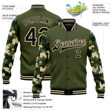 Laden Sie das Bild in den Galerie-Viewer, Custom Olive Black-Cream Camo Sleeves 3D Pattern Design Bomber Full-Snap Varsity Letterman Salute To Service Jacket
