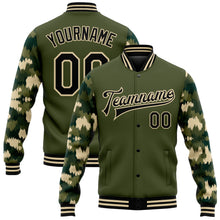 Laden Sie das Bild in den Galerie-Viewer, Custom Olive Black-Cream Camo Sleeves 3D Pattern Design Bomber Full-Snap Varsity Letterman Salute To Service Jacket
