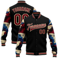 Load image into Gallery viewer, Custom Black Crimson-City Cream Crow Sleeves 3D Pattern Design Bomber Full-Snap Varsity Letterman Jacket
