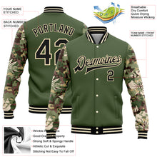 Load image into Gallery viewer, Custom Olive Black-Cream Hawaii Palm Leaves Camo Sleeves 3D Pattern Design Bomber Full-Snap Varsity Letterman Salute To Service Jacket
