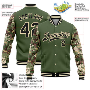 Custom Olive Black-Cream Hawaii Palm Leaves Camo Sleeves 3D Pattern Design Bomber Full-Snap Varsity Letterman Salute To Service Jacket