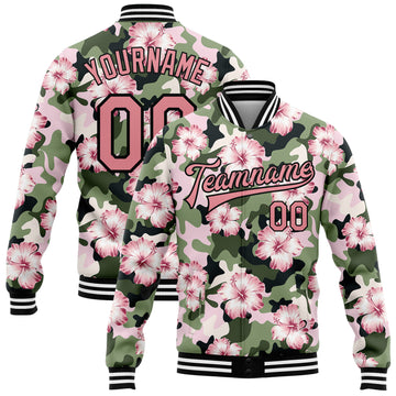Custom Camo Pink-Black Hibiscus Flower 3D Pattern Design Bomber Full-Snap Varsity Letterman Salute To Service Jacket