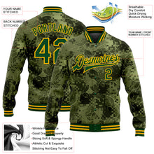 Laden Sie das Bild in den Galerie-Viewer, Custom Camo Green-Gold Leaves 3D Pattern Design Bomber Full-Snap Varsity Letterman Salute To Service Jacket
