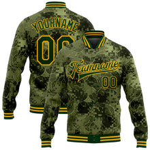 Laden Sie das Bild in den Galerie-Viewer, Custom Camo Green-Gold Leaves 3D Pattern Design Bomber Full-Snap Varsity Letterman Salute To Service Jacket
