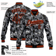 Laden Sie das Bild in den Galerie-Viewer, Custom Camo Black-Orange Dinosaur 3D Pattern Design Bomber Full-Snap Varsity Letterman Salute To Service Jacket
