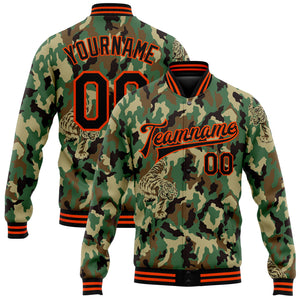 Custom Camo Black-Orange Tiger 3D Pattern Design Bomber Full-Snap Varsity Letterman Salute To Service Jacket