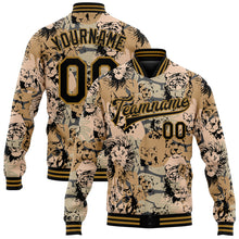 Laden Sie das Bild in den Galerie-Viewer, Custom Camo Black-Old Gold Lion And Tiger 3D Pattern Design Bomber Full-Snap Varsity Letterman Salute To Service Jacket
