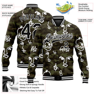 Custom Camo Black-White Hand Painted Face 3D Pattern Design Bomber Full-Snap Varsity Letterman Salute To Service Jacket