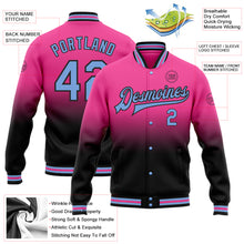 Laden Sie das Bild in den Galerie-Viewer, Custom Pink Light Blue-Black Bomber Full-Snap Varsity Letterman Fade Fashion Jacket

