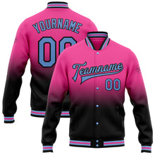 Laden Sie das Bild in den Galerie-Viewer, Custom Pink Light Blue-Black Bomber Full-Snap Varsity Letterman Fade Fashion Jacket
