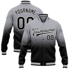 Laden Sie das Bild in den Galerie-Viewer, Custom Gray Black-White Bomber Full-Snap Varsity Letterman Fade Fashion Jacket

