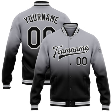 Custom Gray Black-White Bomber Full-Snap Varsity Letterman Fade Fashion Jacket