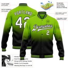 Load image into Gallery viewer, Custom Neon Green White-Black Bomber Full-Snap Varsity Letterman Fade Fashion Jacket
