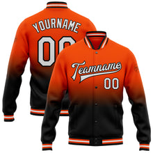 Laden Sie das Bild in den Galerie-Viewer, Custom Orange White-Black Bomber Full-Snap Varsity Letterman Fade Fashion Jacket
