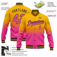 Load image into Gallery viewer, Custom Gold Pink-Black Bomber Full-Snap Varsity Letterman Fade Fashion Jacket
