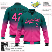 Laden Sie das Bild in den Galerie-Viewer, Custom Teal Pink-Black Bomber Full-Snap Varsity Letterman Fade Fashion Jacket
