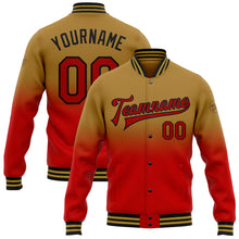 Laden Sie das Bild in den Galerie-Viewer, Custom Old Gold Red-Black Bomber Full-Snap Varsity Letterman Fade Fashion Jacket
