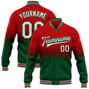 Custom Red White-Kelly Green Bomber Full-Snap Varsity Letterman Fade Fashion Jacket