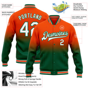 Custom Orange White-Kelly Green Bomber Full-Snap Varsity Letterman Fade Fashion Jacket