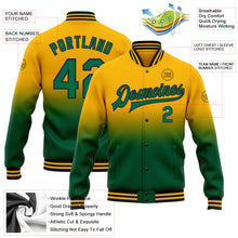 Laden Sie das Bild in den Galerie-Viewer, Custom Gold Kelly Green-Black Bomber Full-Snap Varsity Letterman Fade Fashion Jacket
