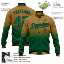 Laden Sie das Bild in den Galerie-Viewer, Custom Old Gold Kelly Green-Black Bomber Full-Snap Varsity Letterman Fade Fashion Jacket
