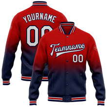 Laden Sie das Bild in den Galerie-Viewer, Custom Red White-Navy Bomber Full-Snap Varsity Letterman Fade Fashion Jacket
