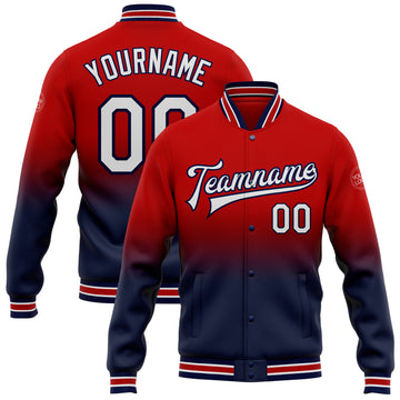 Custom Red White-Navy Bomber Full-Snap Varsity Letterman Fade Fashion Jacket