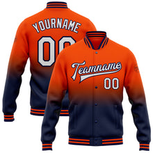 Load image into Gallery viewer, Custom Orange White-Navy Bomber Full-Snap Varsity Letterman Fade Fashion Jacket
