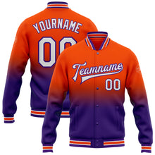 Laden Sie das Bild in den Galerie-Viewer, Custom Orange White-Purple Bomber Full-Snap Varsity Letterman Fade Fashion Jacket
