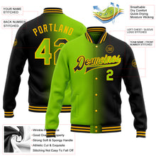 Laden Sie das Bild in den Galerie-Viewer, Custom Black Neon Green-Gold Bomber Full-Snap Varsity Letterman Gradient Fashion Jacket
