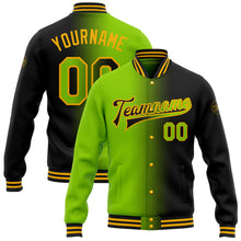 Laden Sie das Bild in den Galerie-Viewer, Custom Black Neon Green-Gold Bomber Full-Snap Varsity Letterman Gradient Fashion Jacket
