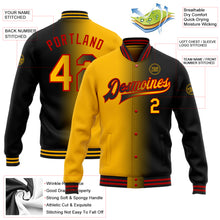 Load image into Gallery viewer, Custom Black Gold-Red Bomber Full-Snap Varsity Letterman Gradient Fashion Jacket
