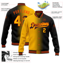 Load image into Gallery viewer, Custom Black Gold-Orange Bomber Full-Snap Varsity Letterman Gradient Fashion Jacket
