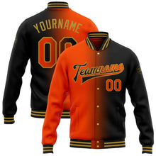 Laden Sie das Bild in den Galerie-Viewer, Custom Black Orange-Old Gold Bomber Full-Snap Varsity Letterman Gradient Fashion Jacket
