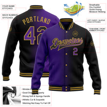 Laden Sie das Bild in den Galerie-Viewer, Custom Black Purple-Old Gold Bomber Full-Snap Varsity Letterman Gradient Fashion Jacket
