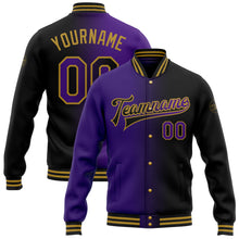 Laden Sie das Bild in den Galerie-Viewer, Custom Black Purple-Old Gold Bomber Full-Snap Varsity Letterman Gradient Fashion Jacket
