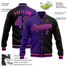 Laden Sie das Bild in den Galerie-Viewer, Custom Black Purple-Pink Bomber Full-Snap Varsity Letterman Gradient Fashion Jacket
