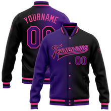 Laden Sie das Bild in den Galerie-Viewer, Custom Black Purple-Pink Bomber Full-Snap Varsity Letterman Gradient Fashion Jacket
